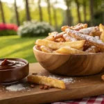 A close-up of funnel cake fries dusted with powdered sugar, served with chocolate sauce.