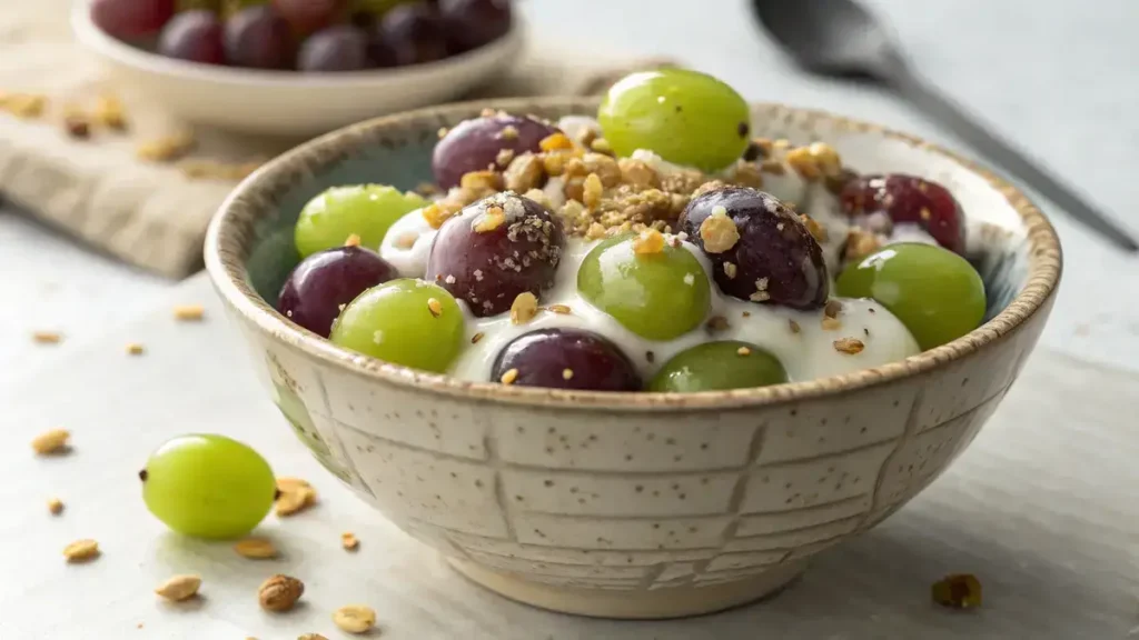A close-up view of a bowl filled with green and purple grapes coated in creamy yogurt, topped with chopped nuts, with a silver fork beside it.