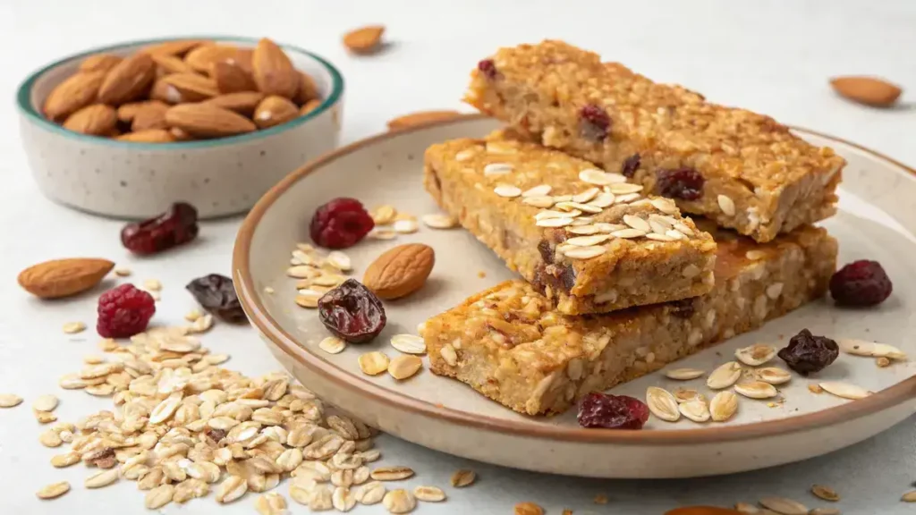 Homemade Granola Bars on a wooden table with oats and nuts scattered around.