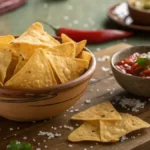 A bowl of golden Tortilla Chips with a sprinkle of salt and a side of salsa.