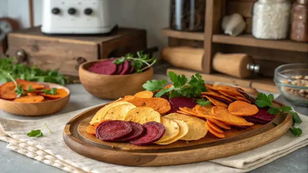 A platter of homemade veggie chips made from sweet potatoes, beets, and carrots, garnished with herbs.