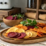 A platter of homemade veggie chips made from sweet potatoes, beets, and carrots, garnished with herbs.