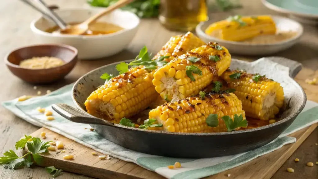 A skillet filled with Honey Butter Skillet Corn, garnished with parsley, on a wooden table.