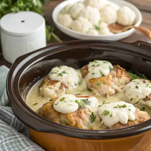 A bowl of Keto Crockpot Recipes showcasing chicken thighs and cauliflower with melted cheese.