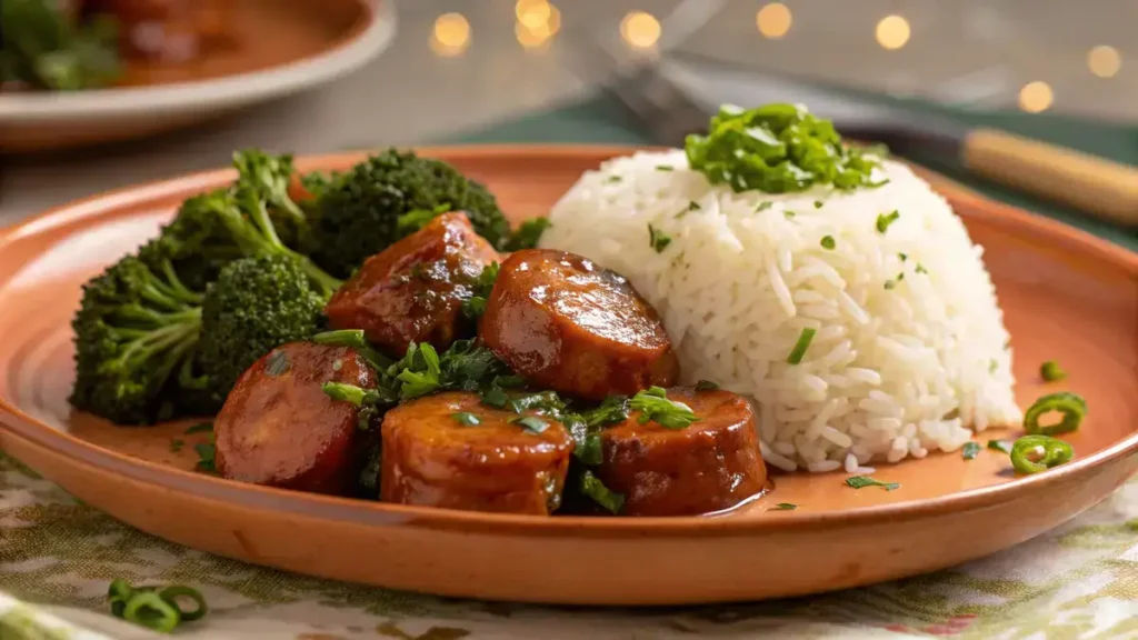 A close-up of a plate featuring kielbasa and rice, with caramelized sausage pieces, fluffy white rice, and broccolini, all arranged beautifully.