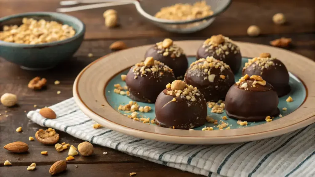 Plate of Martha Washington Candy with chocolate-peanut topping and chopped peanuts.