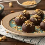 Plate of Martha Washington Candy with chocolate-peanut topping and chopped peanuts.