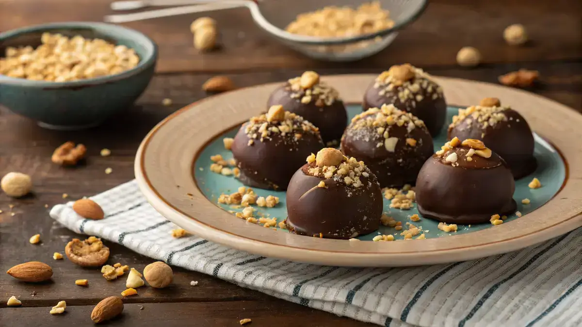 Plate of Martha Washington Candy with chocolate-peanut topping and chopped peanuts.