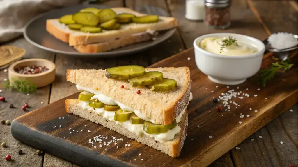 A delicious pickle sandwich cut in half, showcasing layers of butter, mayonnaise, and pickles.