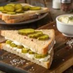 A delicious pickle sandwich cut in half, showcasing layers of butter, mayonnaise, and pickles.