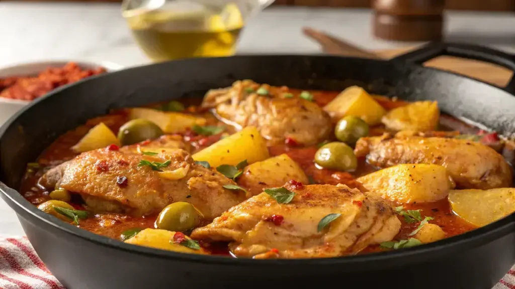 A close-up of pollo guisado in a black skillet, showcasing tender chicken, golden potatoes, and green olives in a rich amber sauce.