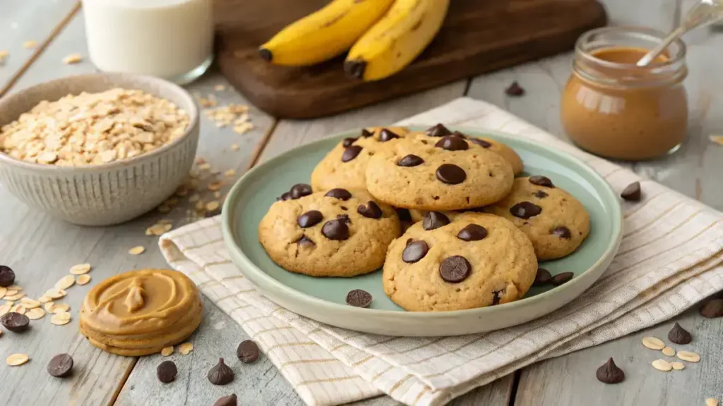 Plate of protein cookies with chocolate chips and ingredients like bananas and oats in the background.