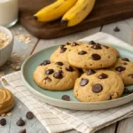 Plate of protein cookies with chocolate chips and ingredients like bananas and oats in the background.