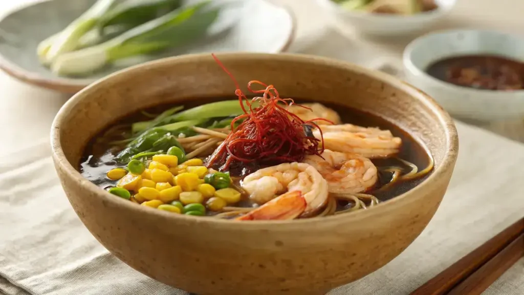 A top-down view of a photorealistic bowl of ramen soup with shrimp, green beans, corn, and saffron on a textured fabric table.