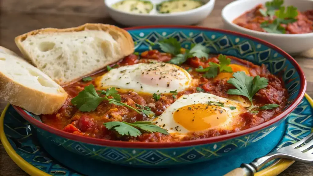 A delicious serving of Shakshouka with poached eggs in a spicy tomato sauce, garnished with cilantro.