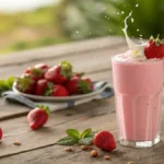 A glass of strawberry milk with fresh strawberries on a wooden table.