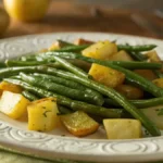 A close-up view of roasted green beans and diced yellow potatoes arranged on a decorative white plate, showcasing vibrant colors and textures.