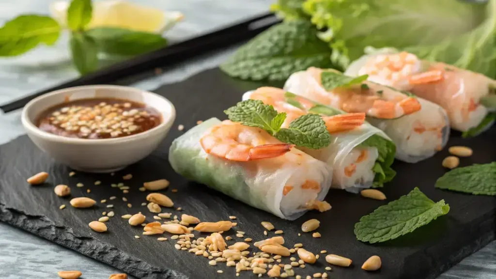 Close-up of Vietnamese Rice Paper Rolls with shrimp, mint, and lettuce on a black stone plate, accompanied by peanut sauce.