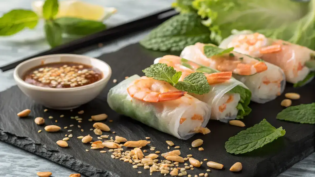 Close-up of Vietnamese Rice Paper Rolls with shrimp, mint, and lettuce on a black stone plate, accompanied by peanut sauce.