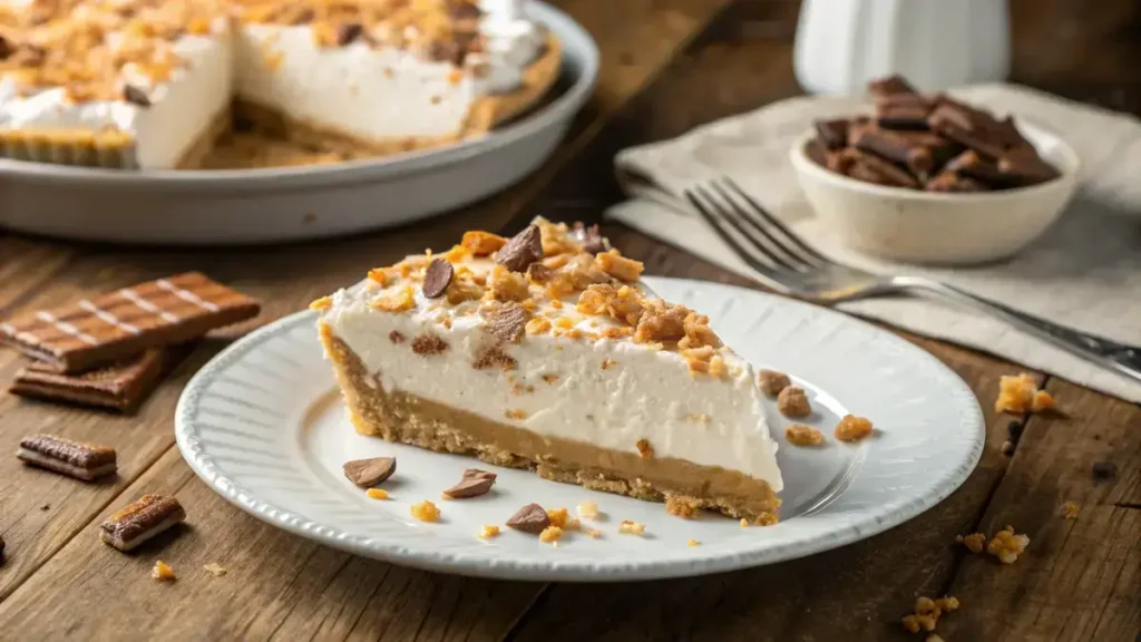 Slice of BUTTERFINGER PIE on a plate with whipped topping and Butterfinger pieces.