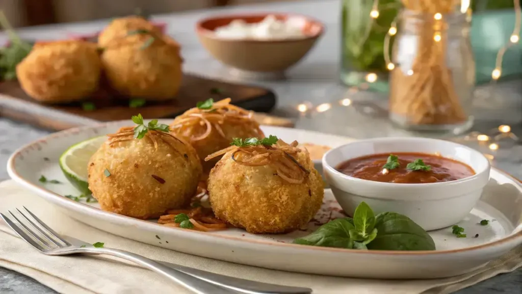 A plate of golden brown Onion Bombs garnished with herbs and served with dipping sauce.