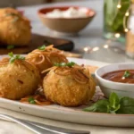 A plate of golden brown Onion Bombs garnished with herbs and served with dipping sauce.