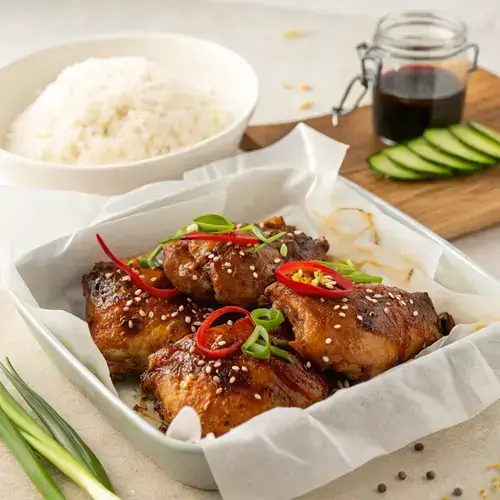 A beautifully arranged plate of grilled chicken thighs with sesame seeds, chili slices, and a side of rice and dark sauce.