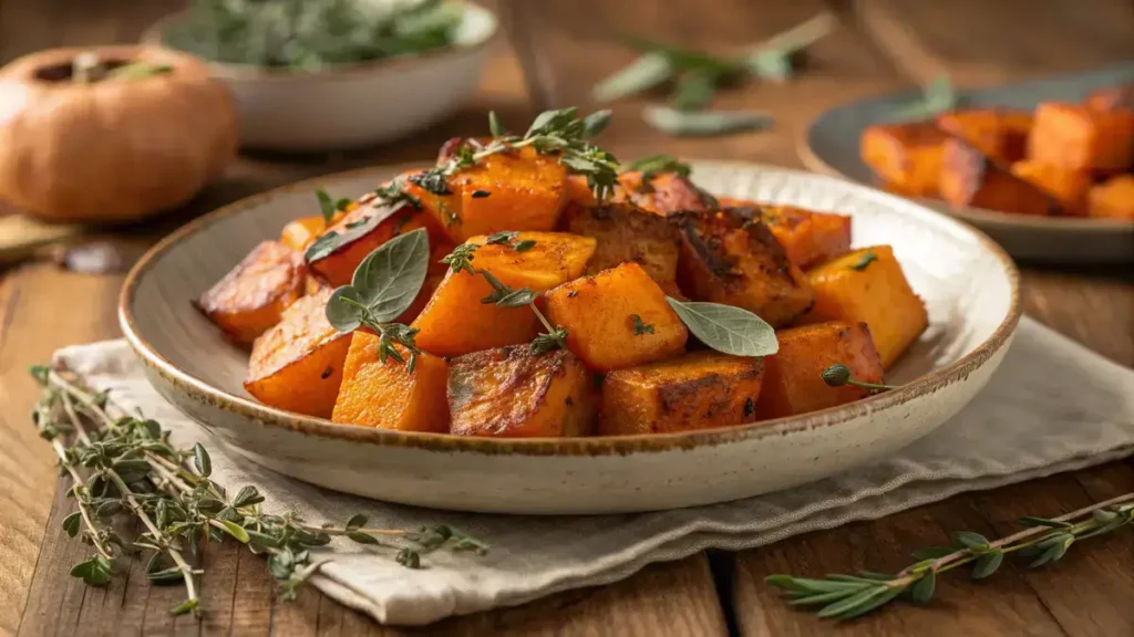 Roasted autumn frost squash cubes garnished with fresh herbs on a wooden table.