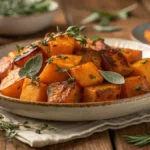 Roasted autumn frost squash cubes garnished with fresh herbs on a wooden table.