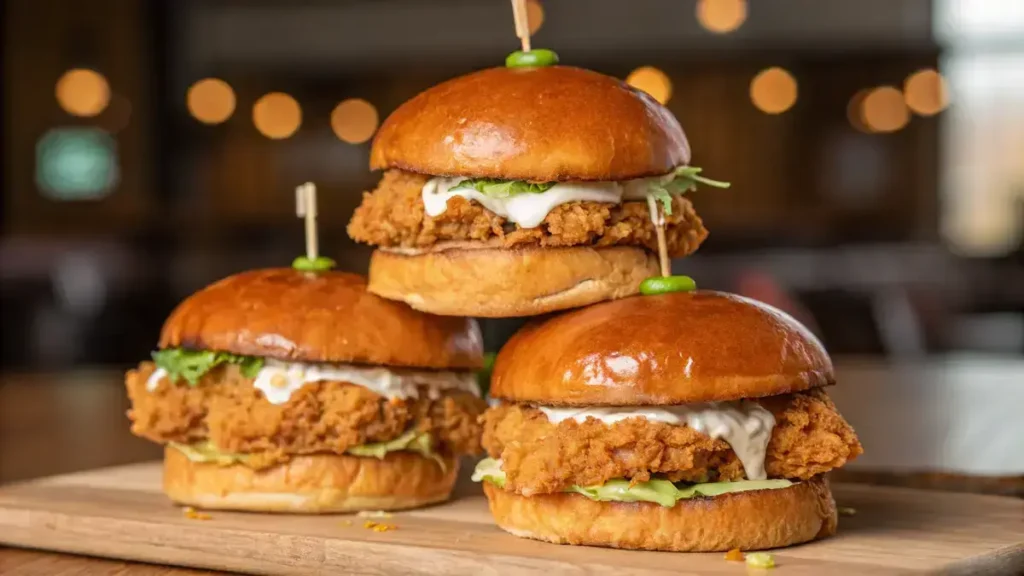 Close-up of three stacked crispy chicken burgers on a wooden table, featuring golden brioche buns and fresh lettuce.