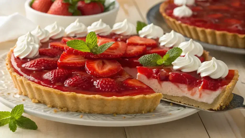 A delicious Strawberry Jello Pie with fresh strawberries and whipped topping on a golden crust.