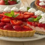A delicious Strawberry Jello Pie with fresh strawberries and whipped topping on a golden crust.