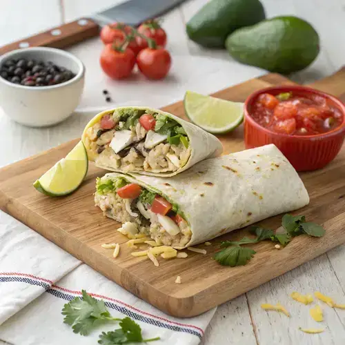 Chicken burrito served with fresh ingredients and salsa on a wooden board.