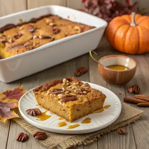 Slice of pumpkin dump cake on a plate with a fork, garnished with pecans.