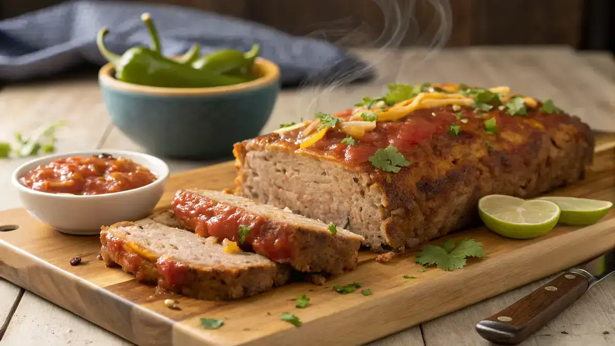 Tasty Mexican Meatloaf accompanied by salsa and lime wedges.