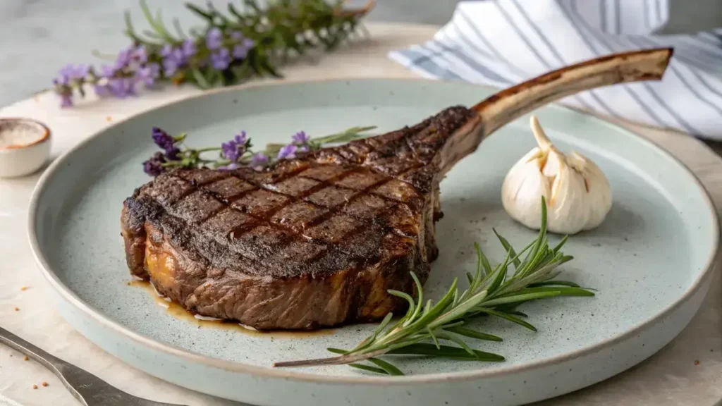 Close-up of a perfectly seared tomahawk steak on a textured gray plate, garnished with rosemary and purple flowers.