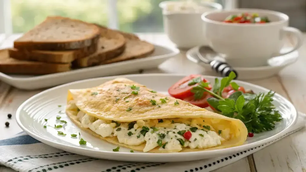 A fluffy omelette featuring crumbled feta cheese, garnished with fresh herbs, presented on a white plate, perfect for Feta and Egg Recipes.