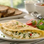 A fluffy omelette featuring crumbled feta cheese, garnished with fresh herbs, presented on a white plate, perfect for Feta and Egg Recipes.