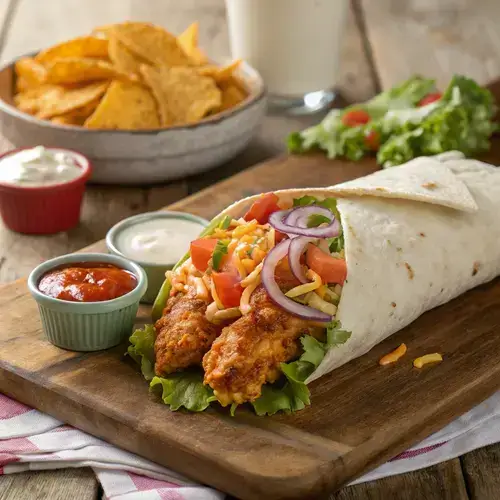 A close-up of a chicken wing wrap cut in half, showcasing the colorful ingredients inside.