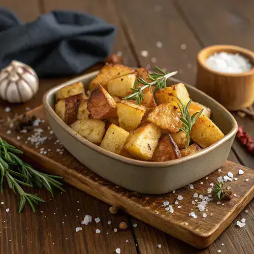 Seasoned diced potatoes ready to be served, garnished with rosemary.