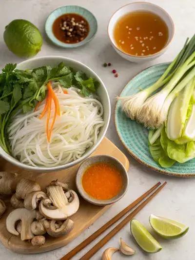 A colorful arrangement of fresh ingredients for Asian noodle soup on a kitchen table, including rice noodles, vegetable broth, and various vegetables.