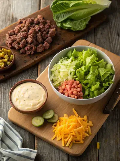 A colorful assortment of ingredients for a BIG MAC SALAD laid out on a kitchen table.