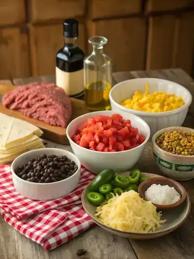 A variety of fresh ingredients for COWBOY CASSEROLE displayed on a kitchen table.