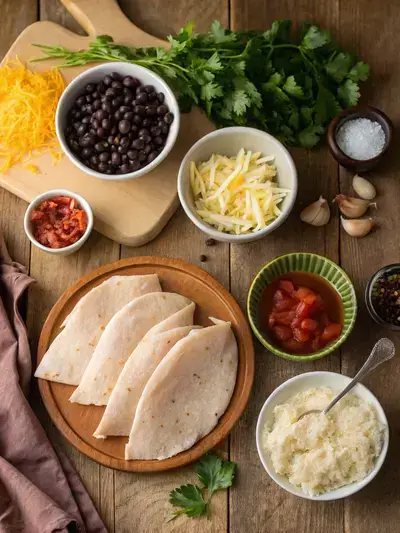 Ingredients for a chicken burrito recipe displayed on a kitchen table.
