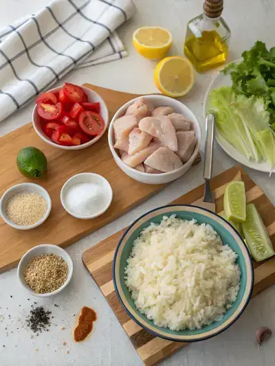 A kitchen table displaying fresh ingredients for chicken over rice, including chicken, rice, garlic, lemon juice, olive oil, yogurt, spices, lettuce, tomato, and cucumber.