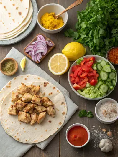 Ingredients for a chicken shawarma wrap displayed on a kitchen table, including chicken, spices, tortillas, and fresh vegetables.
