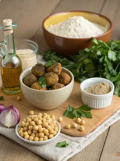 A collection of fresh ingredients for a Falafel Bowl on a kitchen table.