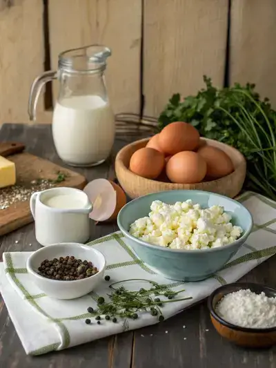 A kitchen table displaying fresh ingredients for feta and egg recipes, including eggs, feta cheese, milk, butter, salt, pepper, and fresh herbs.