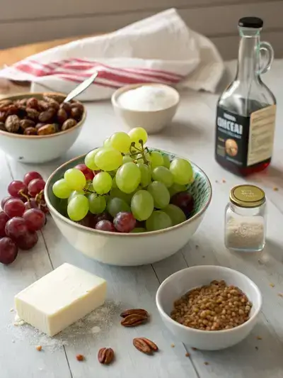 A kitchen table with fresh green and red grapes, cream cheese, sour cream, granulated sugar, vanilla extract, chopped nuts, and brown sugar, beautifully arranged.