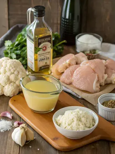 Ingredients for Keto Crockpot Recipes displayed on a kitchen table including chicken thighs, cauliflower, and cheese.